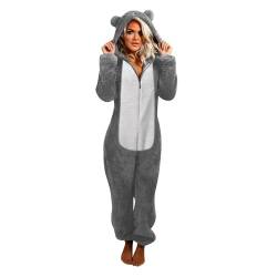 XIADUOBAAN Fleece Jumpsuit Damen mit Ohren Kapuze Reißverschluss Teddy Einteiler Lang Overall Winter Warm Schlafanzug Pyjama Kuschelig Patchwork Zweifarbig Elegant Hausanzug Damen Flauschig Lässig von XIADUOBAAN