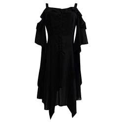 XIADUOBAAN Gothic Kleidung Damen Wadenlang Hexe Vintage Kleid Schulterfrei Halloween Kleid V Ausschnitt Asymmetrisch Fledermausärmel Verbandkleid Herbst Rüschen Partykleider mit Knopfleiste Einfarbig von XIADUOBAAN