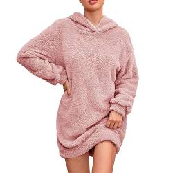 XIADUOBAAN Hauskleid Damen Fleece Hoodie Kurz Elegant Winterkleid Damen Warm Langarm Kapuzenpullover-Kleid Teddy Einfarbig Winterkleider Damen Mit Kapuze Innenfutter Gefüttert Rosa Flauschig von XIADUOBAAN