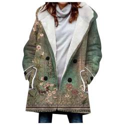 XIADUOBAAN Vintage Blumen Damen Winterjacke Mit Kapuze Lang Sweatjacke Damen Mit Taschen Jacke Damen Zweireihig Gefüttert Mantel Damen Winter Warm Kapuzenpullover für Damen Dicke Lässig Jacke von XIADUOBAAN