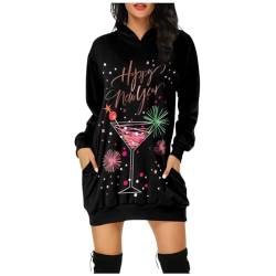 XIADUOBAAN Weihnachtskleid Damen,Merry Christmas Hoodie Kleid Damen Kurz Langarm Weihnachtskleider Mit Taschen Weihnachtspullover 2024 New Year Print Sweatkleid Damen Kapuzenpullover Weihnachts Kleid von XIADUOBAAN