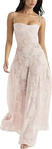 XIANGLV Rückenfreies Maxikleid mit Spaghettiträgern für Damen, ärmellos, Blumenmuster, lange Kleider, Club, Cocktail, Sommerkleid, C Raffhalter Rosa, Small von XIANGLV