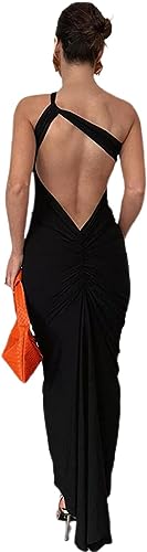 XIANGLV Rückenfreies Maxikleid mit Spaghettiträgern für Damen, ärmellos, Blumenmuster, lange Kleider, Club, Cocktail, Sommerkleid, R One Shoulder Schwarz, Small von XIANGLV