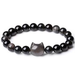 XIANNVXI Kristalle Katzen Armband Herren Katze Silber Obsidian Kawaii Cute Katzen Geschenke für Frauen Glückskatzen Naturstein Perlen Armbänder 8mm von XIANNVXI