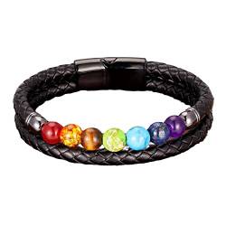 XIANRENGE 7 Chakra-Perlen-Armband-Naturstein-Perlen-Armband-Herren-Armband-Klassische Schwarze Leder-Armbänder Für Frauen-Mode-Schmuck-Geschenk-Paar-Armband,Schwarz,19Cm von XIANRENGE