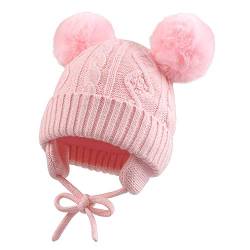 XIAOHAWANG Baby Mädchen Mütze Strickmütze Winter Hut Warme Wintermütze Doppelpompon für Unisex Baby (2-6 Jahren, Rosa) von XIAOHAWANG