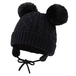 XIAOHAWANG Baby Mädchen Mütze Strickmütze Winter Hut Warme Wintermütze Doppelpompon für Unisex Baby (6-24 Monate, Schwarz) von XIAOHAWANG