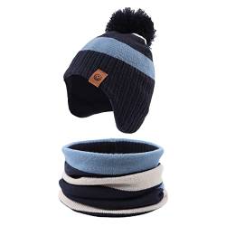 XIAOHAWANG Baby Mütze Winter Klassische Kindermütze Mädchen Jungen Warme Strickmütze mit Pompon Kleinkind Bommelmütze für Outdoor-Aktivitäten(Blau(Hut+Schal),9-24Monate) von XIAOHAWANG