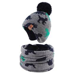 XIAOHAWANG Baby Strickmütze Winter Babymütze Junge Warme Kindermütze Junge Beanie Mütze Dicke Wintermütze für Herbst,Winter(Grau Dinosaurier(Hut+Schal), 9-24Monate) von XIAOHAWANG