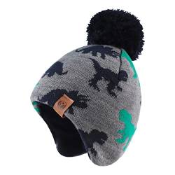 XIAOHAWANG Baby Strickmütze Winter Babymütze Junge Warme Kindermütze Junge Beanie Mütze Dicke Wintermütze für Herbst,Winter(Grau Dinosaurier Hut, 4-7Jahren) von XIAOHAWANG