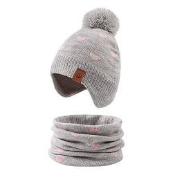 XIAOHAWANG Baby Strickmütze Winter Babymütze Junge Warme Kindermütze Junge Beanie Mütze Dicke Wintermütze für Herbst,Winter(Grau Herz(Hut+Schal),2-4Jahren) von XIAOHAWANG