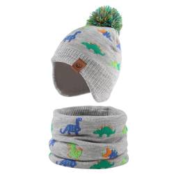 XIAOHAWANG Baby Strickmütze Winter Babymütze Junge Warme Kindermütze Junge Beanie Mütze Dicke Wintermütze für Herbst,Winter (Bunter Grauer Dinosaurier (Hut + Schal), 9 bis 24 Monate) von XIAOHAWANG