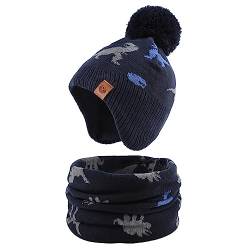 XIAOHAWANG Baby Strickmütze Winter Babymütze Junge Warme Kindermütze Junge Beanie Mütze Dicke Wintermütze für Herbst,Winter (Marine Dinosaurier(Hut+Schal), 2-4Jahren) von XIAOHAWANG