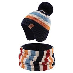 XIAOHAWANG Baby Strickmütze Winter Babymütze Junge Warme Kindermütze Junge Beanie Mütze Dicke Wintermütze für Herbst,Winter (Streifen(Hut+Schal), 2-4Jahren) von XIAOHAWANG