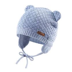 XIAOHAWANG Baby Wintermütze Jungen Mädchen Warmer Strickmützen Weicht Baumwolle-Futter mit Süße Bärenohren Winter Babymütze(Himmelblau, 18-36 Months) von XIAOHAWANG