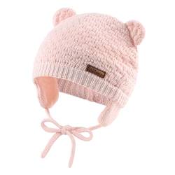 XIAOHAWANG Baby Wintermütze Jungen Mädchen Warmer Strickmützen Weicht Baumwolle-Futter mit Süße Bärenohren Winter Babymütze(Rosa, M) von XIAOHAWANG