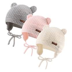 XIAOHAWANG Baby Wintermütze Jungen Mädchen Warmer Strickmützen Weicht Baumwolle-Futter mit Süße Bärenohren Winter Babymütze(Weiß+Rosa+Grau, M) von XIAOHAWANG