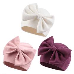 XIAOHAWANG Babymütze Beanie Neugeborene 0-6Monate Baumwolle Newborn Mütze Mit Schleife Mütze Baby Mädchen Erstlingsmütze Dicke Mütze Baby Jungen für Herbst,Winter (Weiß + Altrosa + Lila, 0-6Monate) von XIAOHAWANG