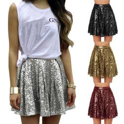 Minirock Damen Glitzer Pailletten Rock Goldener Rock Minirock kurz Mini Rock Faltenrock Tanz Rock Faltenrock Stilvoll Glitzer Rock Karneval Rock Hohe Taille Metallischer Mini Glocken Rock Petticoat von XIAOTUZ