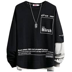 XIAOYAO Herren Pullover Sweatshirt Oversized, Briefdruck Lange Ärmel Rundhals Hoodie Pullover Spleißen von gefälschten Zwei Stücken (3XL, Schwarz) von XIAOYAO