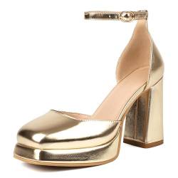 XIEDA Damen Plateau Chunky High Block Geschlossene Zehe Heels Knöchelriemen Square Toe Pumps, Gold, 39 EU von XIEDA