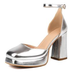 XIEDA Damen Plateau Chunky High Block Geschlossene Zehe Heels Knöchelriemen Square Toe Pumps, silber, 38.5 EU von XIEDA