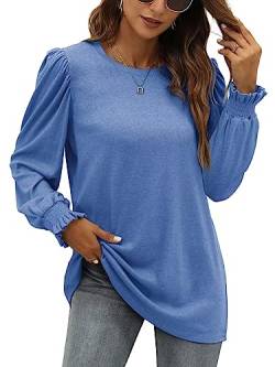 XIEERDUO Damen Pullover Herbst Oberteile Langarm Sweatshirt Puffärmel Blau Shirts Elegant Langarmshirts Long Strickpullover M von XIEERDUO