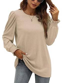 XIEERDUO Damen Pullover Herbst Oberteile Langarm Sweatshirt Puffärmel Shirts Elegant Langarmshirts Long Longsleeve Khaki 2XL von XIEERDUO