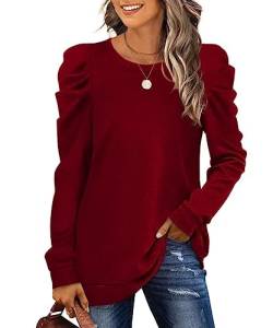 XIEERDUO Damen Pullover Oversized Herbst Sweatshirt Puffärmel Elegant Oberteile Weinrot XL von XIEERDUO