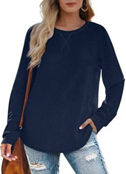 XIEERDUO Pullover Damen Rundhals Langarmshirt Langarm Tops Locker Sweatshirt Longsleeve Winter Oberteile Marineblau L von XIEERDUO