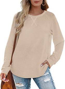 XIEERDUO Pullover Damen Rundhals Langarmshirt Locker Sweatshirt Langarm Tops Winter Casual Oberteile Khaki S von XIEERDUO