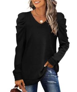 XIEERDUO Pullover Damen Sweatshirt Herbst Elegant Puffärmel Shirt V Ausschnitt Schwarz Strickpullover Langarm Bluse Langarmshirt M von XIEERDUO