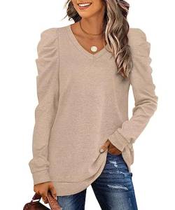 XIEERDUO Pullover Damen Sweatshirt Herbst Elegant Puffärmel Shirt V Ausschnitt Strickpullover Langarm Bluse Langarmshirt Khaki XL von XIEERDUO