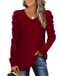 XIEERDUO Pullover Damen Sweatshirt Herbst Elegant Puffärmel Shirt V Ausschnitt Strickpullover Langarm Bluse Langarmshirt Rot XL von XIEERDUO