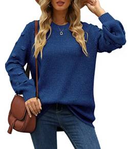 XIEERDUO Strickpullover Damen Rundhals Pullover Casual Elegant Oberteile Herbst Winter Sweatshirt Oversize Strickpulli Sweater Blau L von XIEERDUO