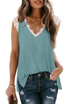 XIEERDUO Tank Top Damen Spitzen Top Sommer Oberteile V Ausschnitt Shirt Elegant Ärmellos Bluse Blau 2XL von XIEERDUO