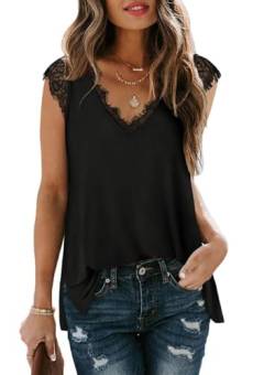 XIEERDUO Tank Top Damen Spitzen Top Sommer Oberteile V Ausschnitt Shirt Elegant Ärmellos Bluse Schwarz M von XIEERDUO