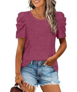 XIEERDUO Top Damen Kurzarm Puffärmel T Shirt Damen Einfarbig Elegant Oberteile Rundhals Ausschnitt Bluse Damen Frühling Sommer Kleidung für Damen 2024 Magenta 2XL von XIEERDUO