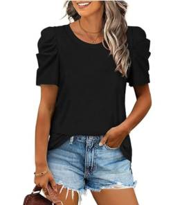 XIEERDUO Top Damen Kurzarm Puffärmel T Shirt Damen Einfarbig Elegant Oberteile Rundhals Ausschnitt Bluse Damen Frühling Sommer Kleidung für Damen 2024 Schwarz 2XL von XIEERDUO