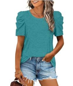 XIEERDUO Top Damen Kurzarm Puffärmel T Shirt Damen Einfarbig Elegant Oberteile Rundhals Ausschnitt Bluse Damen Frühling Sommer Kleidung für Damen 2024 Türkis S von XIEERDUO