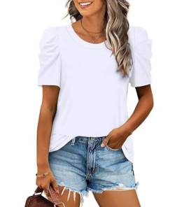 XIEERDUO Top Damen Kurzarm Puffärmel T Shirt Damen Einfarbig Elegant Oberteile Rundhals Ausschnitt Bluse Damen Frühling Sommer Kleidung für Damen 2024 Weiß 2XL von XIEERDUO