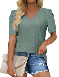 XIEERDUO Tops Damen Sommer Tshirt V Ausschnitt Puffärmel T Shirt Kurzarm Bluse Tunika Blusen Einfarbig Elegant Oberteile Hellgrün L von XIEERDUO