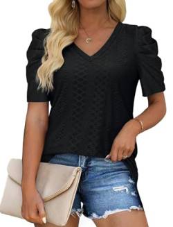 XIEERDUO Tops Damen Sommer Tshirt V Ausschnitt Puffärmel T Shirt Kurzarm Bluse Tunika Blusen Einfarbig Elegant Oberteile Schwarz M von XIEERDUO