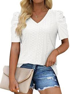 XIEERDUO Tops Damen Sommer Tshirt V Ausschnitt Puffärmel T Shirt Kurzarm Bluse Tunika Blusen Einfarbig Elegant Oberteile Weiß M von XIEERDUO