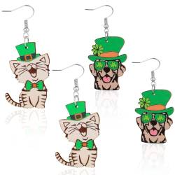 2 Paar St. Patricks Day Ohrringe für Frauen Mädchen, Niedlicher Hund Katze Tier Ohrringe Grünes Kleeblatt Irische Glücksohrringe Freundschafts Ohrringe St. Patricks Day-Geschenk von XIHIRCD