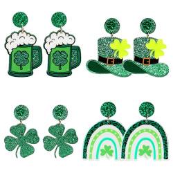 4 Paar St. Patrick's Day Ohrringe, Grüne Bierhut Kleeblatt Ohrringe Acryl Irisches Kleeblatt Baumelnde Ohrringe, St. Patrick's Day Schmuck für Frauen, Mädchen, Festival von XIHIRCD