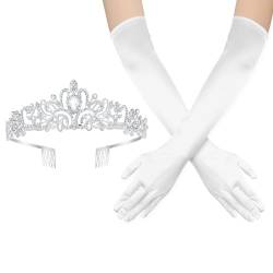 Kristall Tiara Kronen, Elegant Strass-Stirnband Prinzessinnenkrone mit Kämmen Lang Weiße Satin Handschuhe für Frauen Mädchen Hochzeit Geburtstag Abschlussball Braut Kostüm Party von XIHIRCD