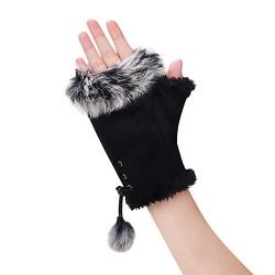 Damen Winter Kunstpelz Leder Halbfinger Handschuhe Mode Warme Fingerlose Fäustlinge Fleece Gefüttert Wärmer Handgelenk Handschuhe Touchscreen Verdicken Fäustlinge mit Verstellbarem Gummiband, Schwarz von XINCHIA