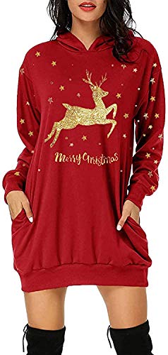 Damen Weihnachtspullover Kleid Hoodie Langarm Sweatshirts Kapuzenpullover Tops Mini Pullover Kleid Weihnachtskleid Weihnachten Blusenkleider Herbst Winter Schmaler Rock (Rot-1,2XL) von XINGENG