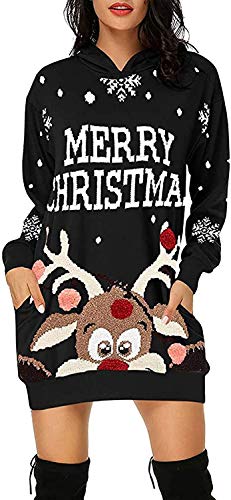 Damen Weihnachtspullover Kleid Hoodie Langarm Sweatshirts Kapuzenpullover Tops Mini Pullover Kleid Weihnachtskleid Weihnachten Blusenkleider Herbst Winter Schmaler Rock (Schwarz,S) von XINGENG